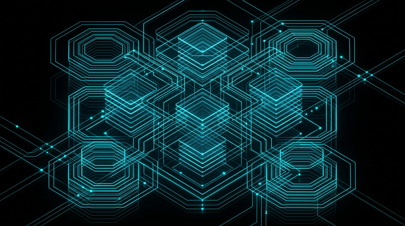 An abstract editorial illustration of glowing cyan geometric shapes and nested transparent layers on a black background
