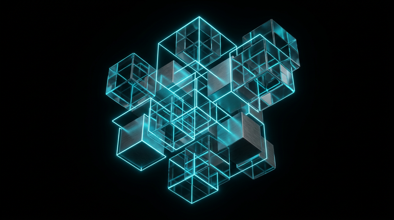 Abstract geometric line work and glass forms illuminated by electric cyan light on a pure black background.