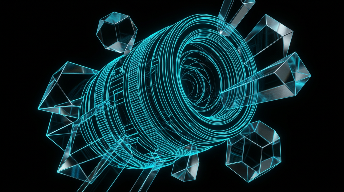 Abstract cyan line illustration of a camera lens and glass prisms on a black background