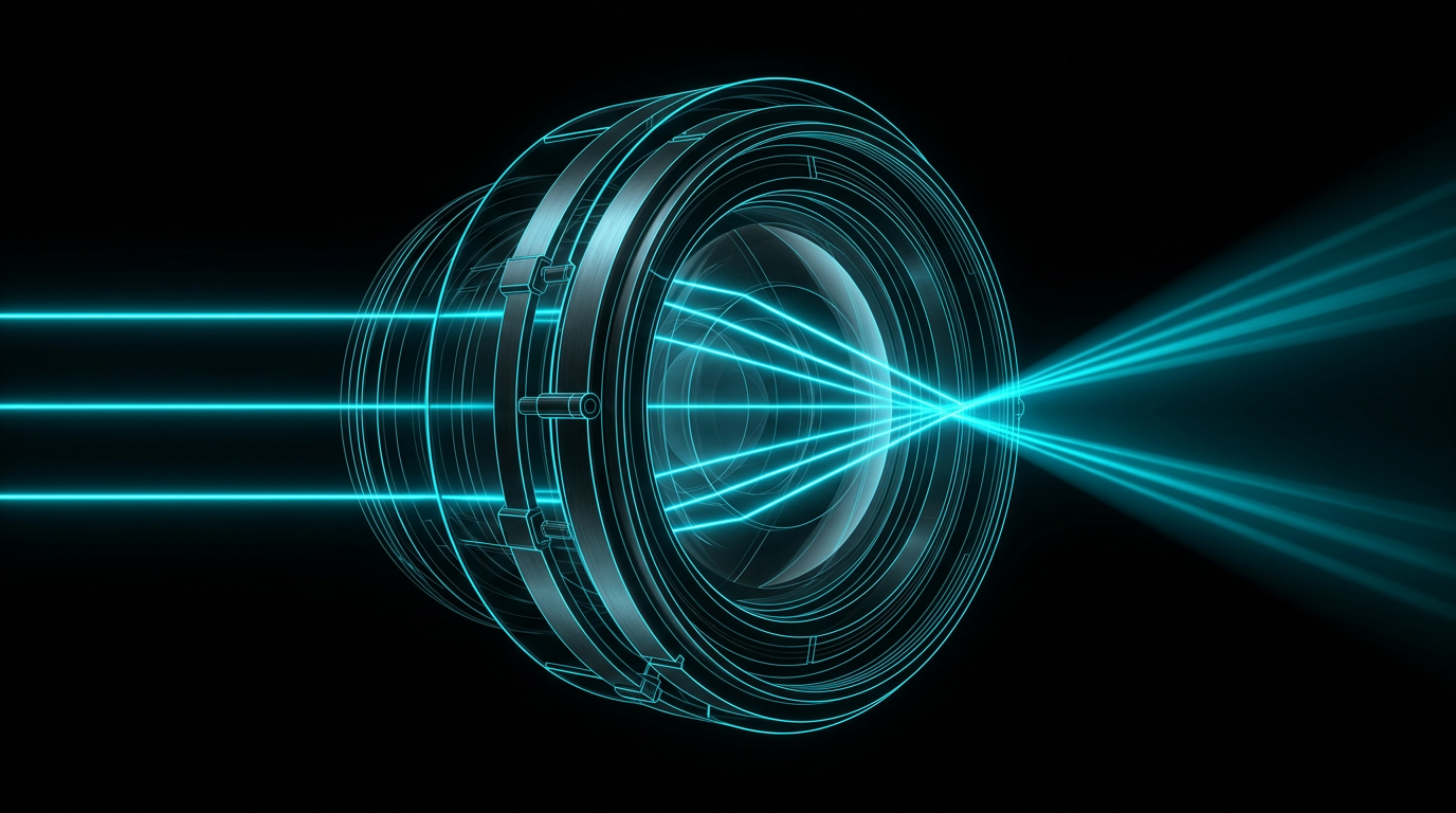 Abstract cyan line work representing an optical lens bending light on a black background