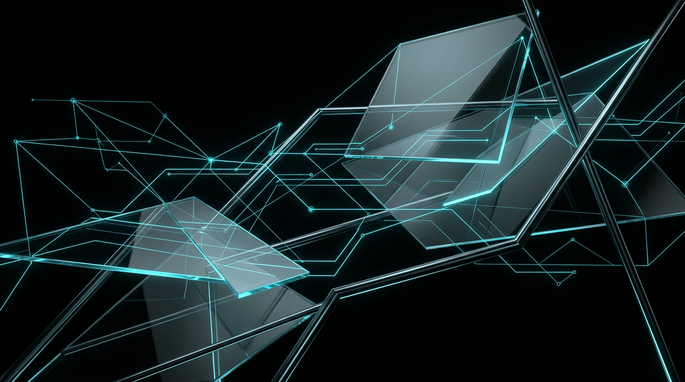An abstract geometric design of glowing cyan lines and transparent glass sheets on a black background