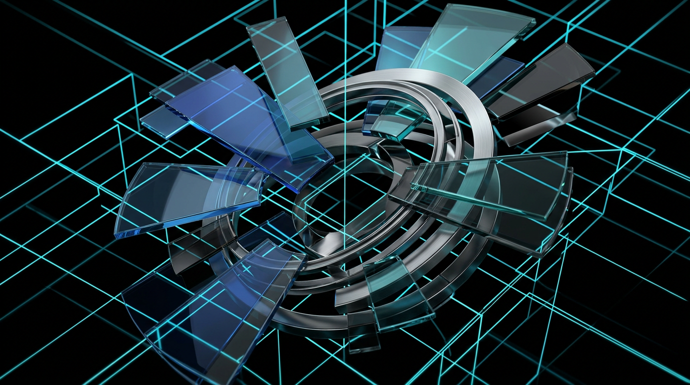 An abstract geometric illustration with electric cyan lines and floating glass shards on a black background, representing precise image editing layers.