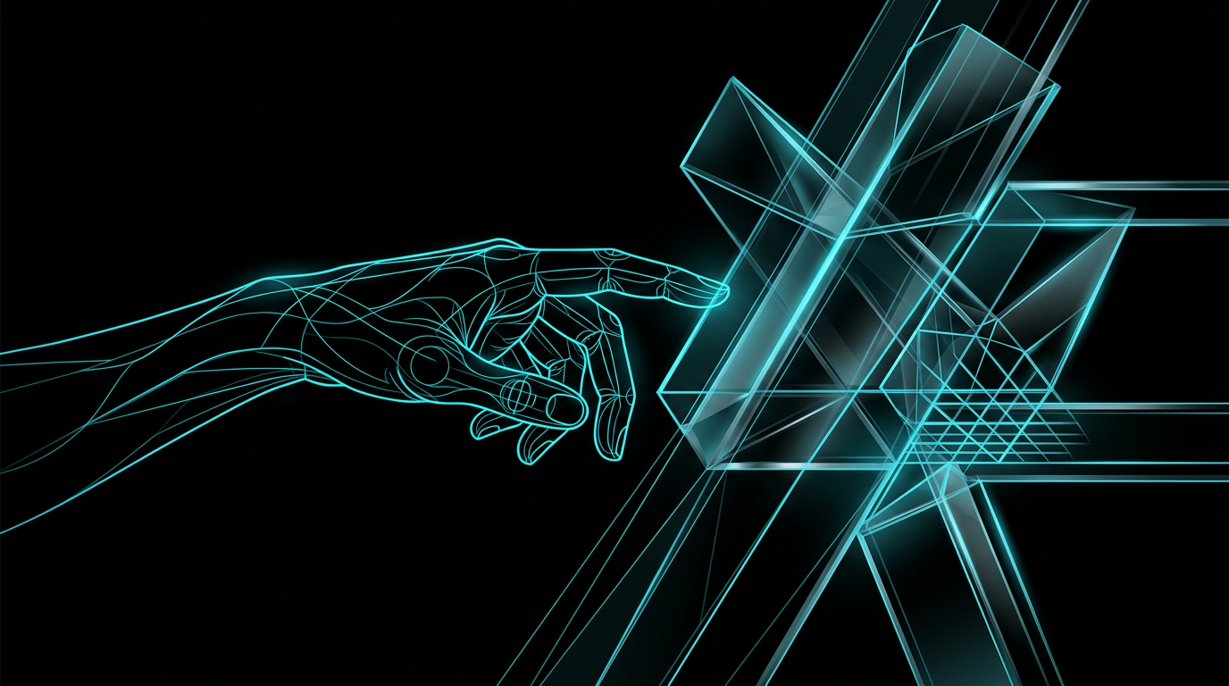 An abstract editorial illustration of a geometric hand outline in electric cyan light over a black background
