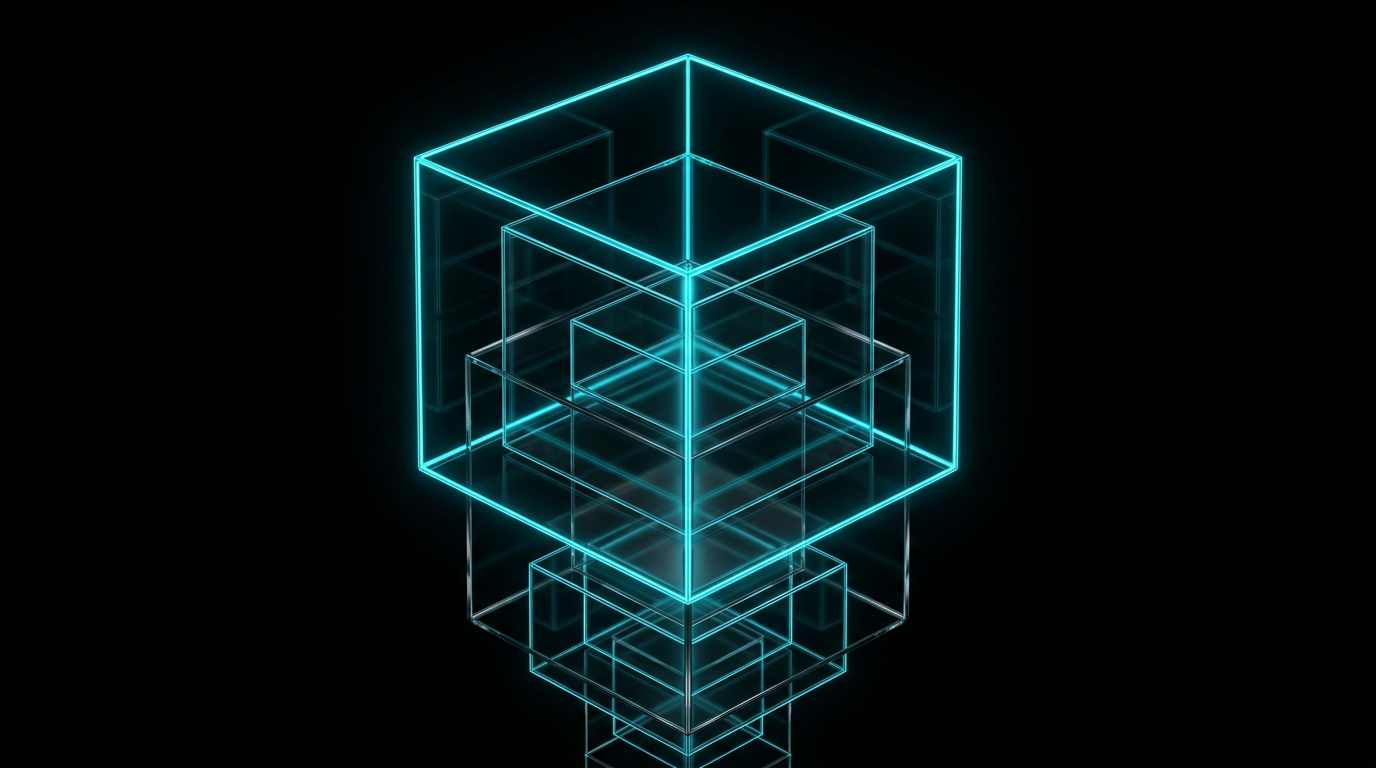 An abstract illustration of electric cyan geometric shapes nested perfectly inside each other on a black background