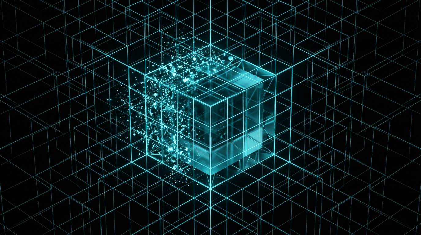 An abstract digital wireframe of cyan light forming a structured cube on a black background, representing organized prompts.
