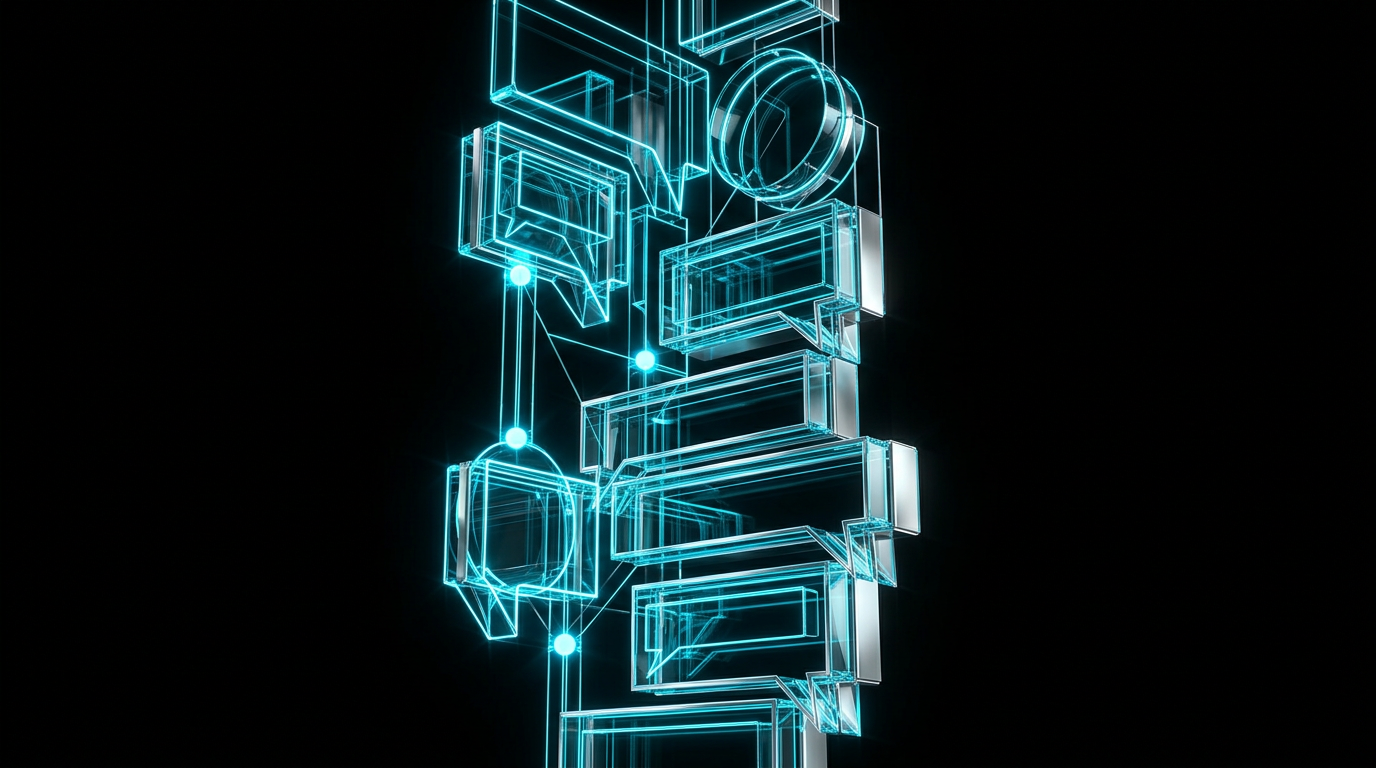 An abstract geometric sculpture of glowing cyan speech bubbles and glass blocks on a black background, representing clean social media communication.