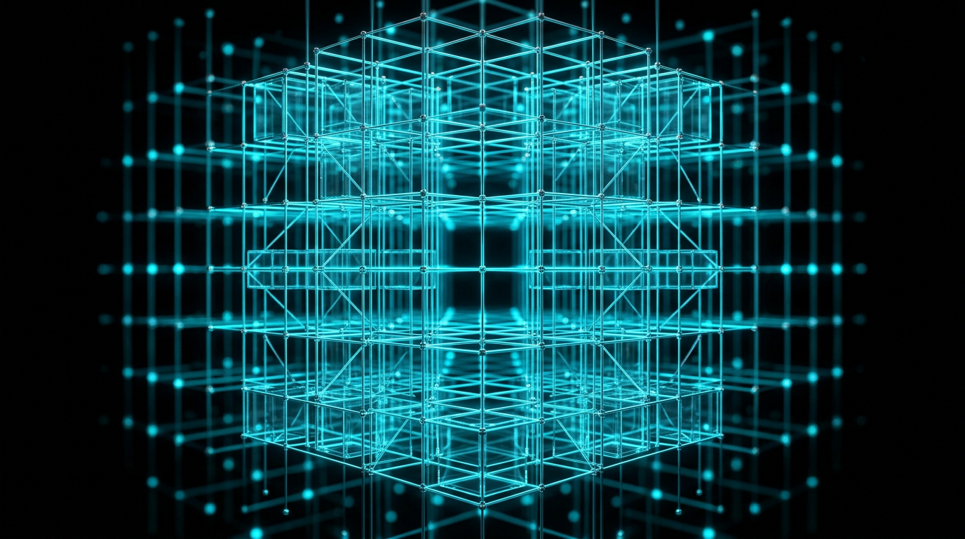 An abstract, glowing cyan geometric wireframe structure on a dark background representing organized templates and formatting.