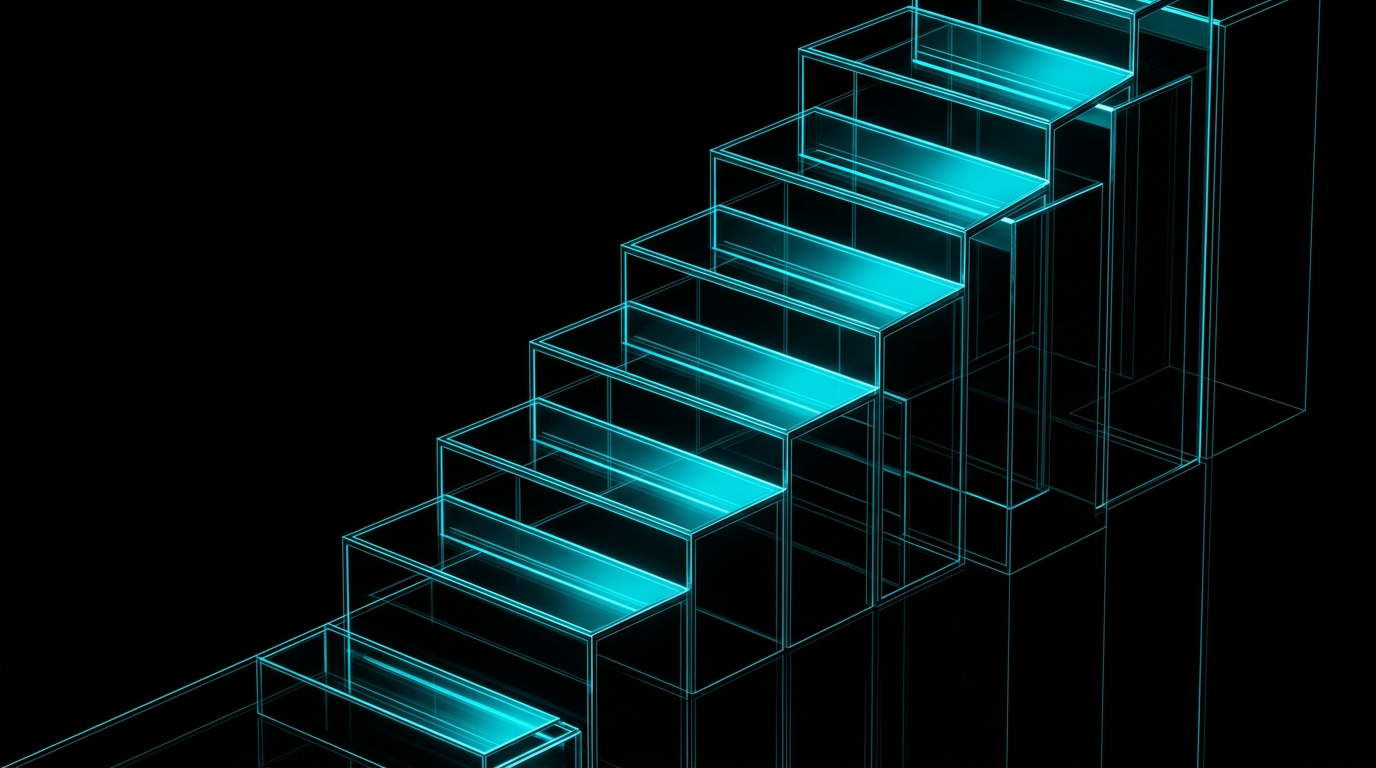 An abstract geometric representation of logical steps and progressive building blocks in glowing cyan light on a black background.