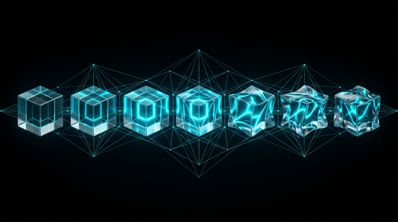 An abstract illustration of glowing cyan geometric shapes and glass cubes on a black background, representing visual consistency.