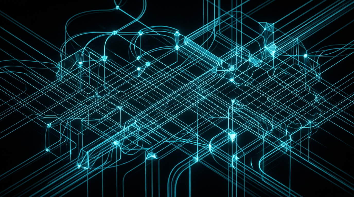 Abstract geometric lines and glass nodes glowing with electric cyan light on a dark background, representing digital payment networks.