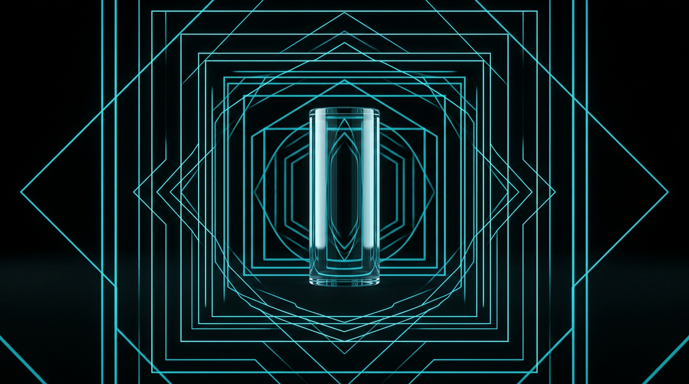An abstract digital illustration of a glowing cyan glass cylinder surrounded by minimalist geometric frames on a black background.