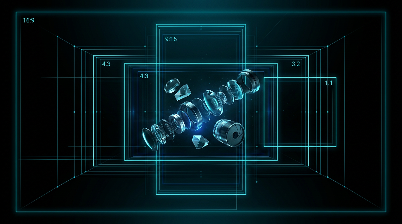 Abstract geometric glowing blue frames representing image aspect ratios and camera lenses on a black background.