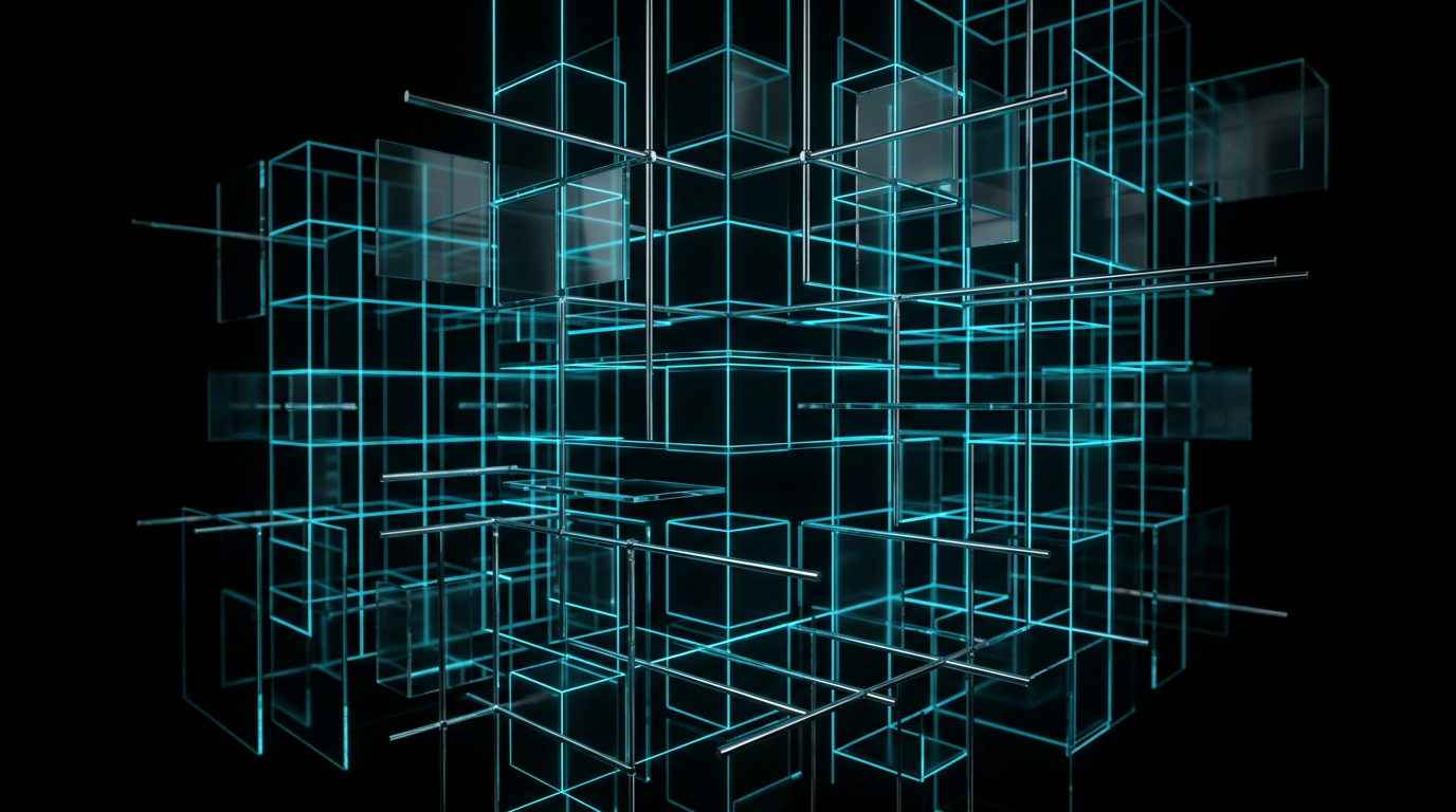 Abstract cyan geometric grid made of glass and metal over a black background representing patterns and templates.