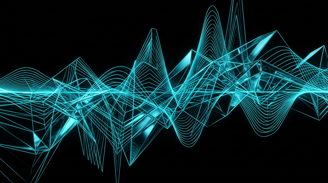 Abstract geometric illustration of electric cyan soundwaves and metallic shapes on a black background