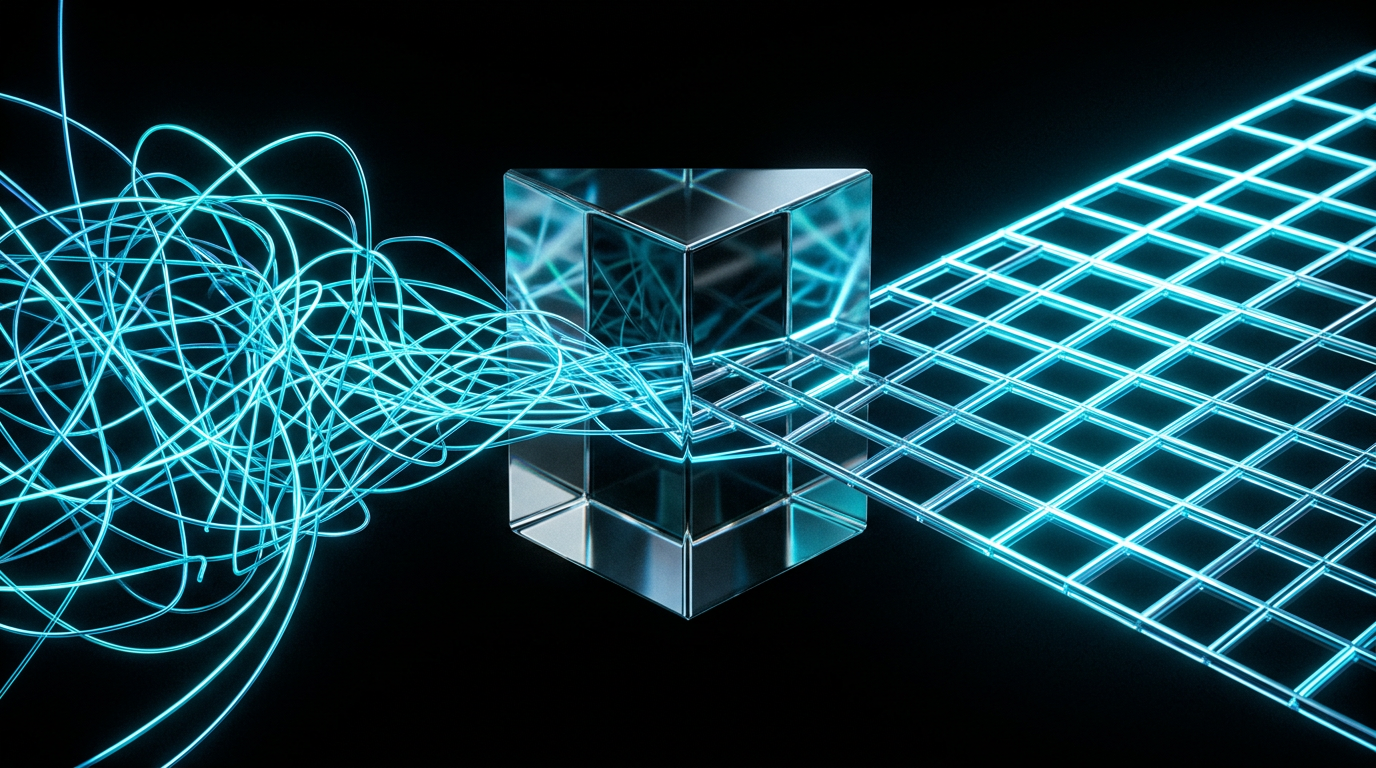 An abstract geometric illustration showing disorganized cyan light waves entering a glass prism and exiting as a perfectly structured grid.