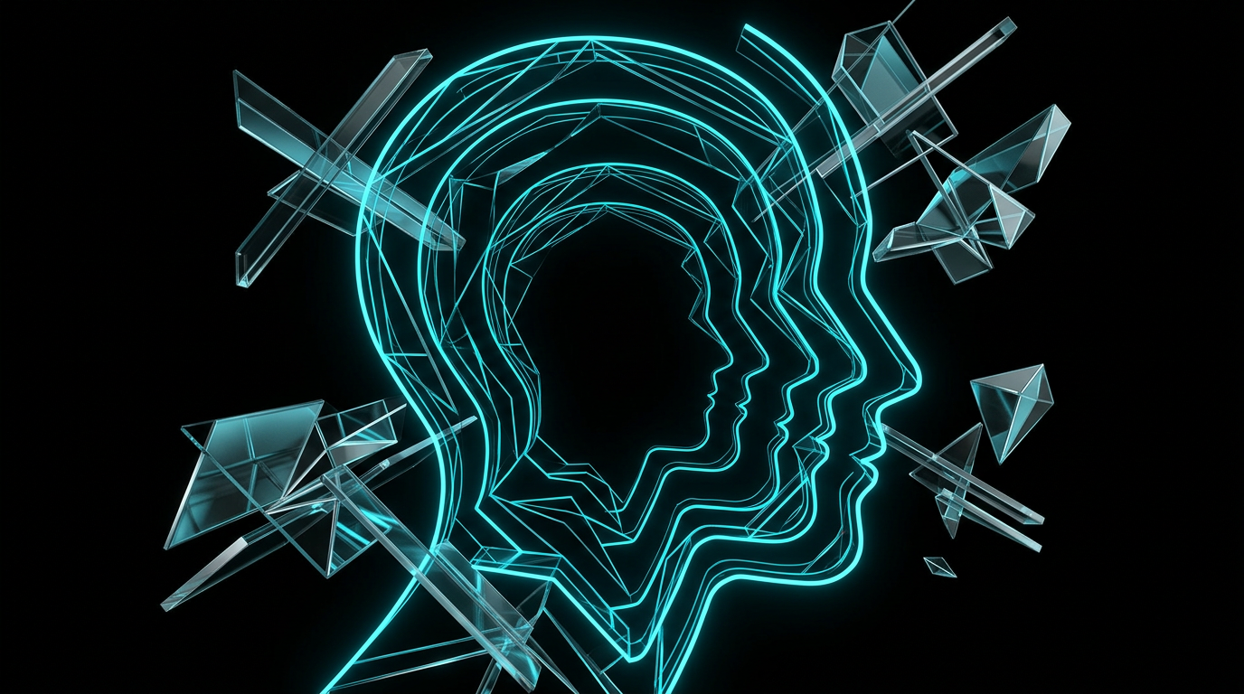 Abstract cyan neon lines forming geometric silhouettes on a black background, representing character consistency.