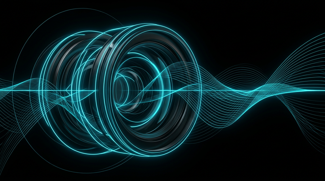 An abstract editorial illustration showing a camera lens constructed from thin cyan geometric lines and glass forms on a black background.
