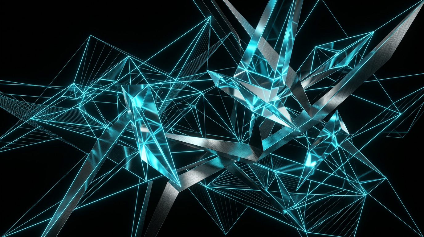 Abstract glowing electric cyan geometric lines and glass forms against a deep black background.