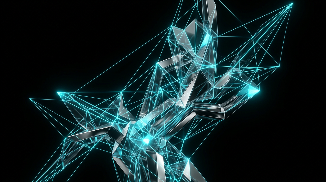 An abstract geometric pattern of electric cyan light and crystalline structures on a black background, representing transparent digital partnership and growth.