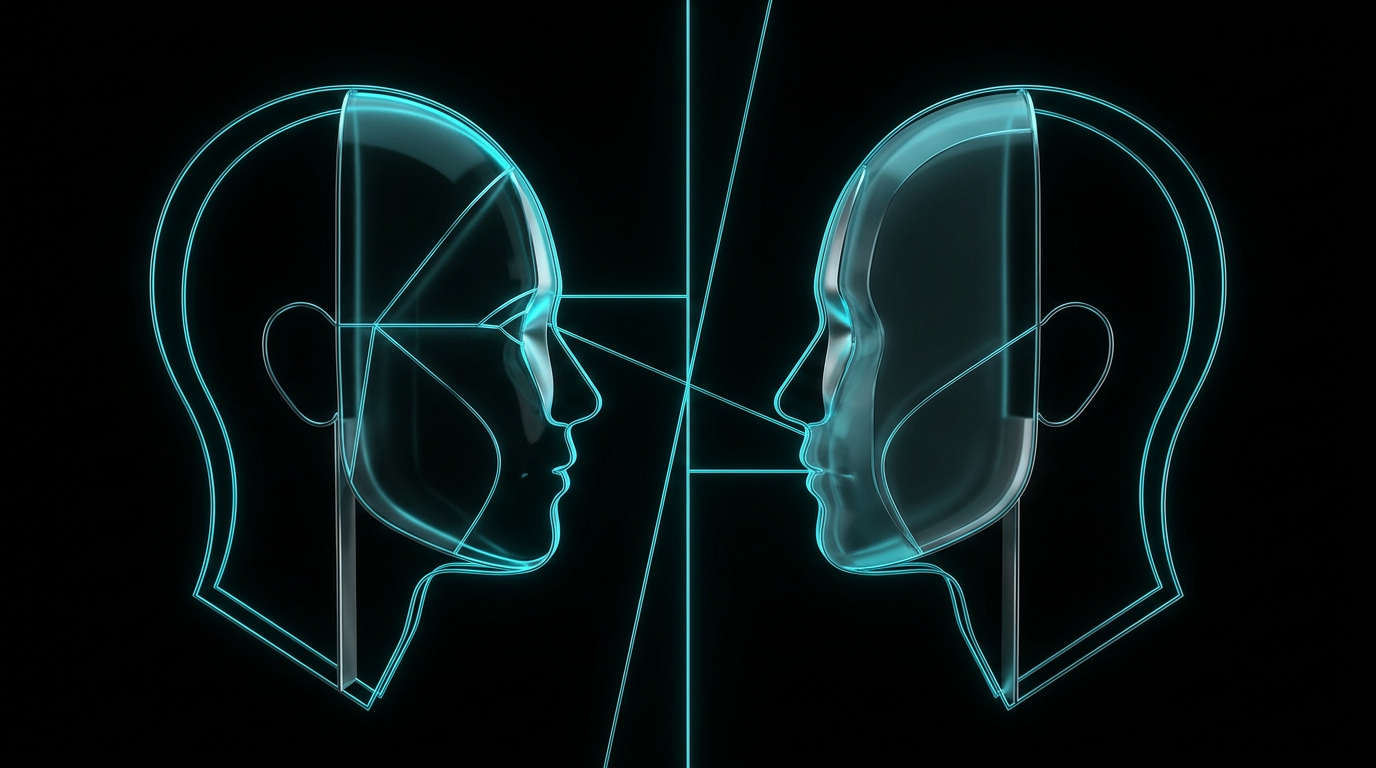 An abstract geometric illustration of two stylized human profiles facing each other, rendered in glowing electric cyan lines and glass forms on a black background.