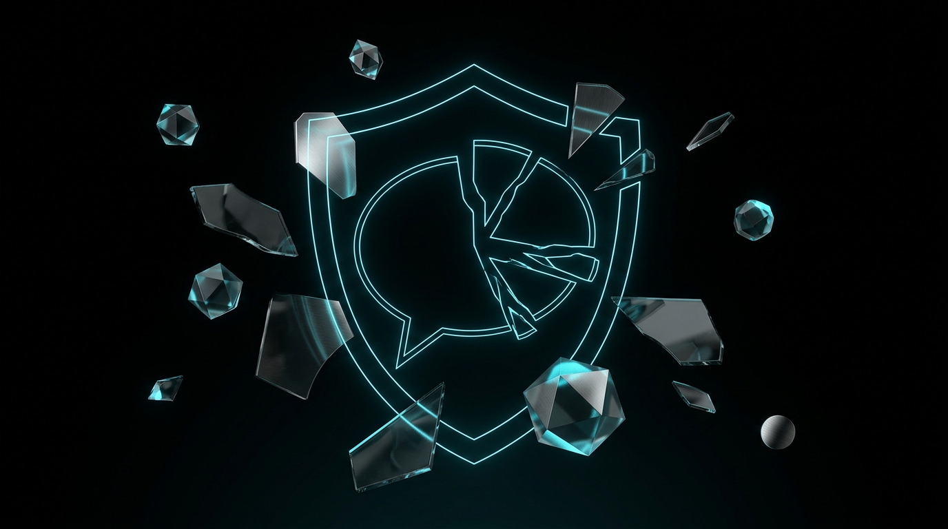 Abstract geometric illustration of a metallic speech bubble and shield in electric cyan light on a black background.