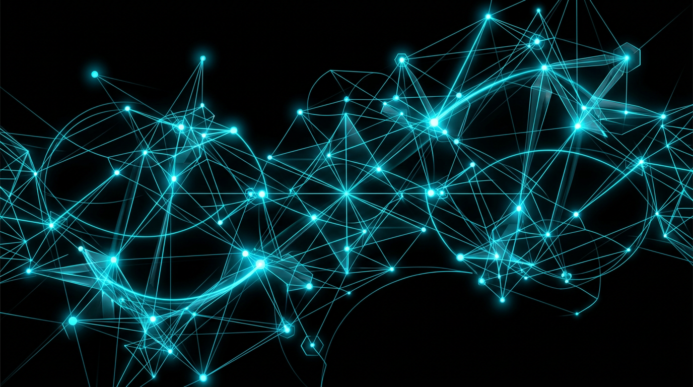 An abstract network of glowing cyan geometric lines and glass nodes on a dark background.