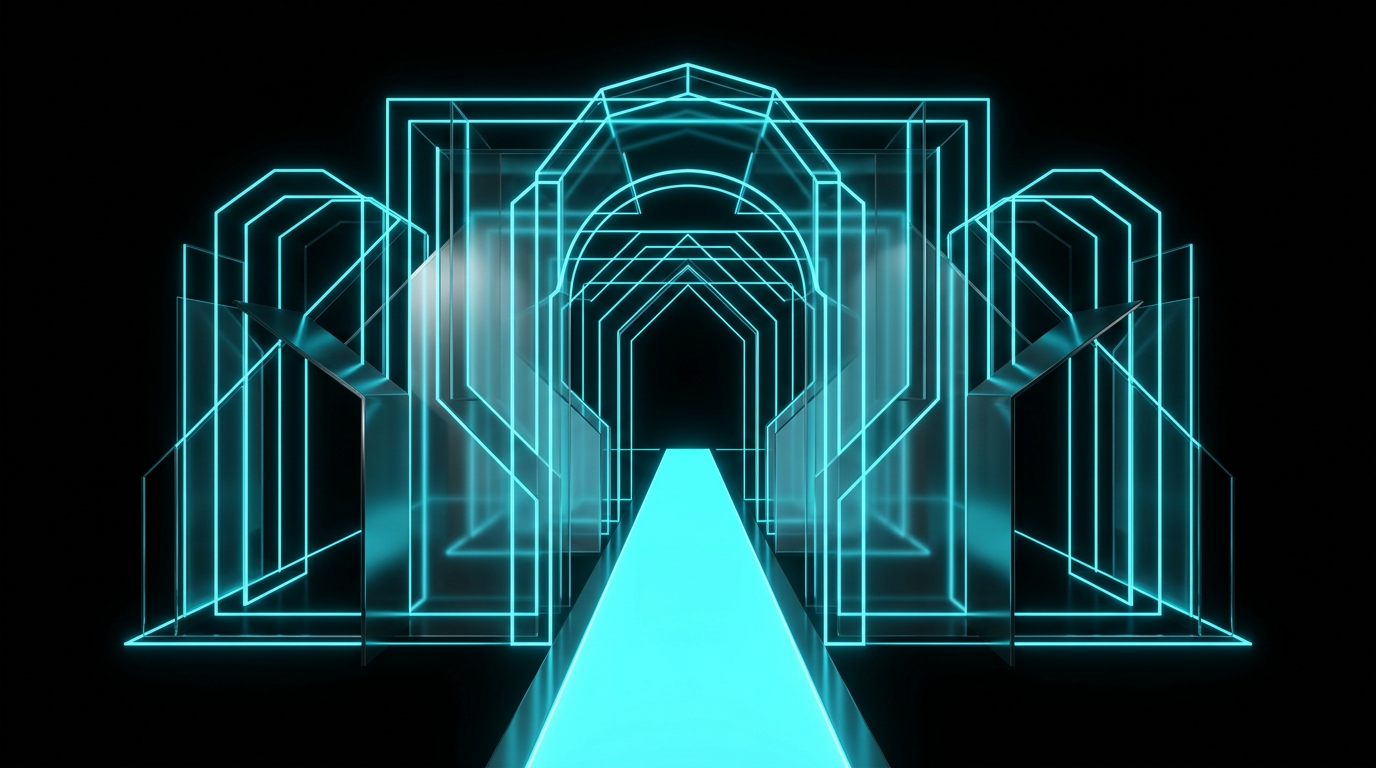 An abstract geometric gate in glowing electric cyan light on a black background