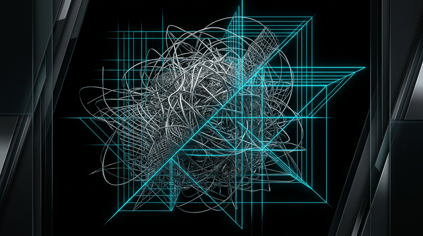 An abstract digital art piece showing clean cyan lines cutting through messy silver wire on a black background.