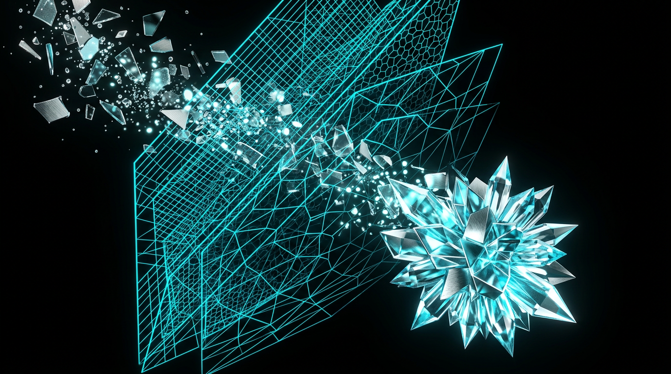 An abstract digital illustration of a glowing blue geometric filter sorting chaotic light into structured shapes on a dark background.