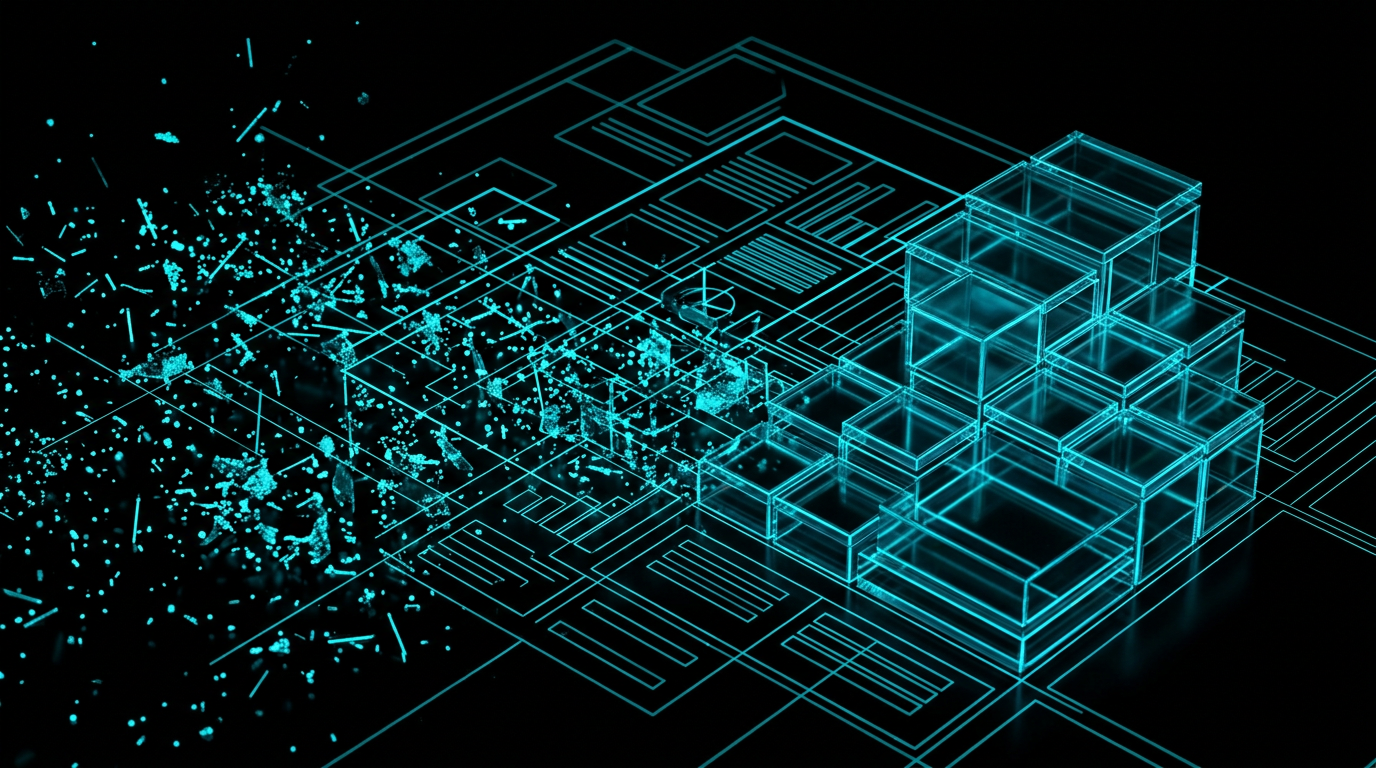 An abstract digital art piece showing disordered light particles transforming into structured, glowing blue blocks against a black background.