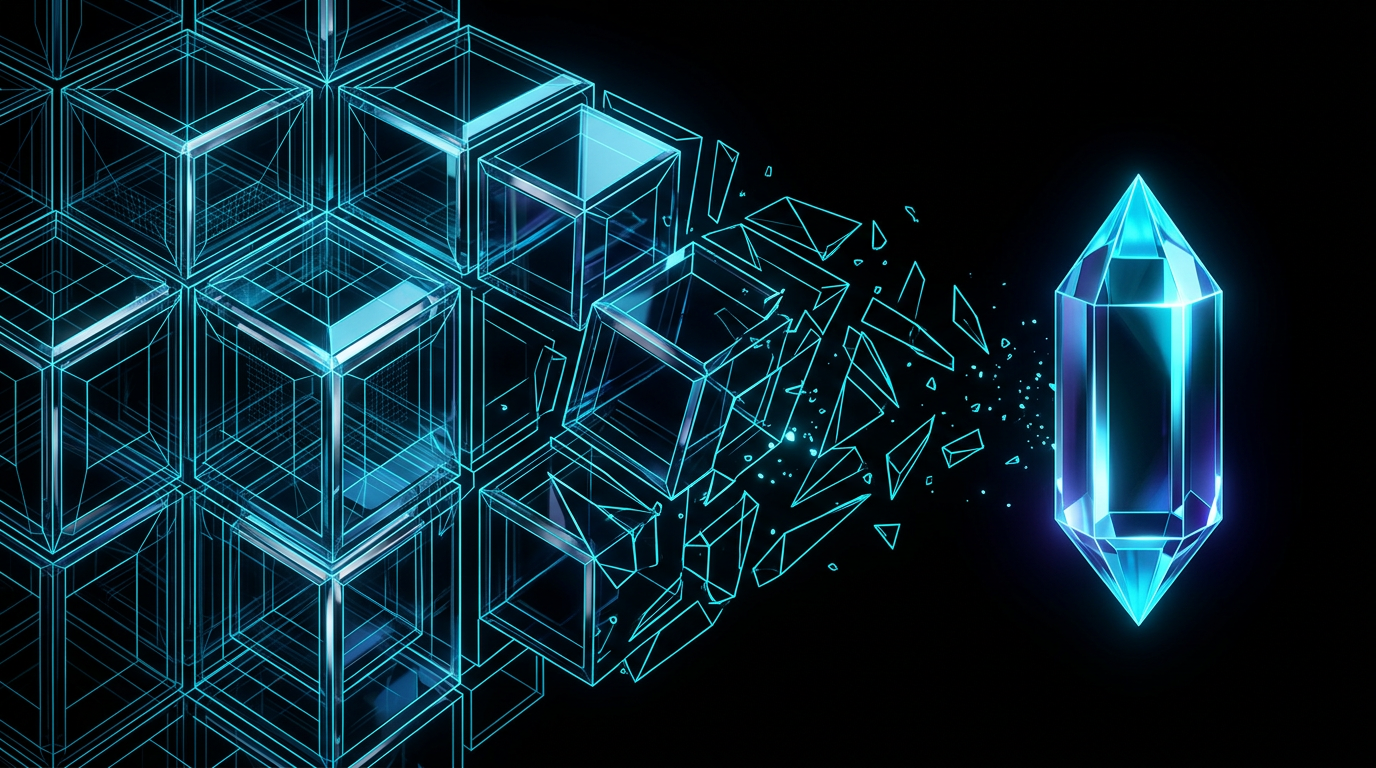 Abstract geometric cyan lines on black background showing repeating shapes breaking into a single clean crystal