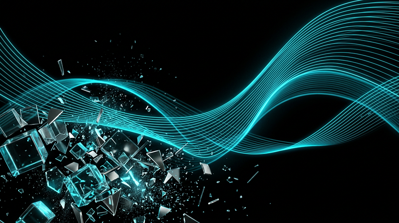 An abstract digital illustration of flowing cyan waves breaking through rigid geometric structures on a black background.