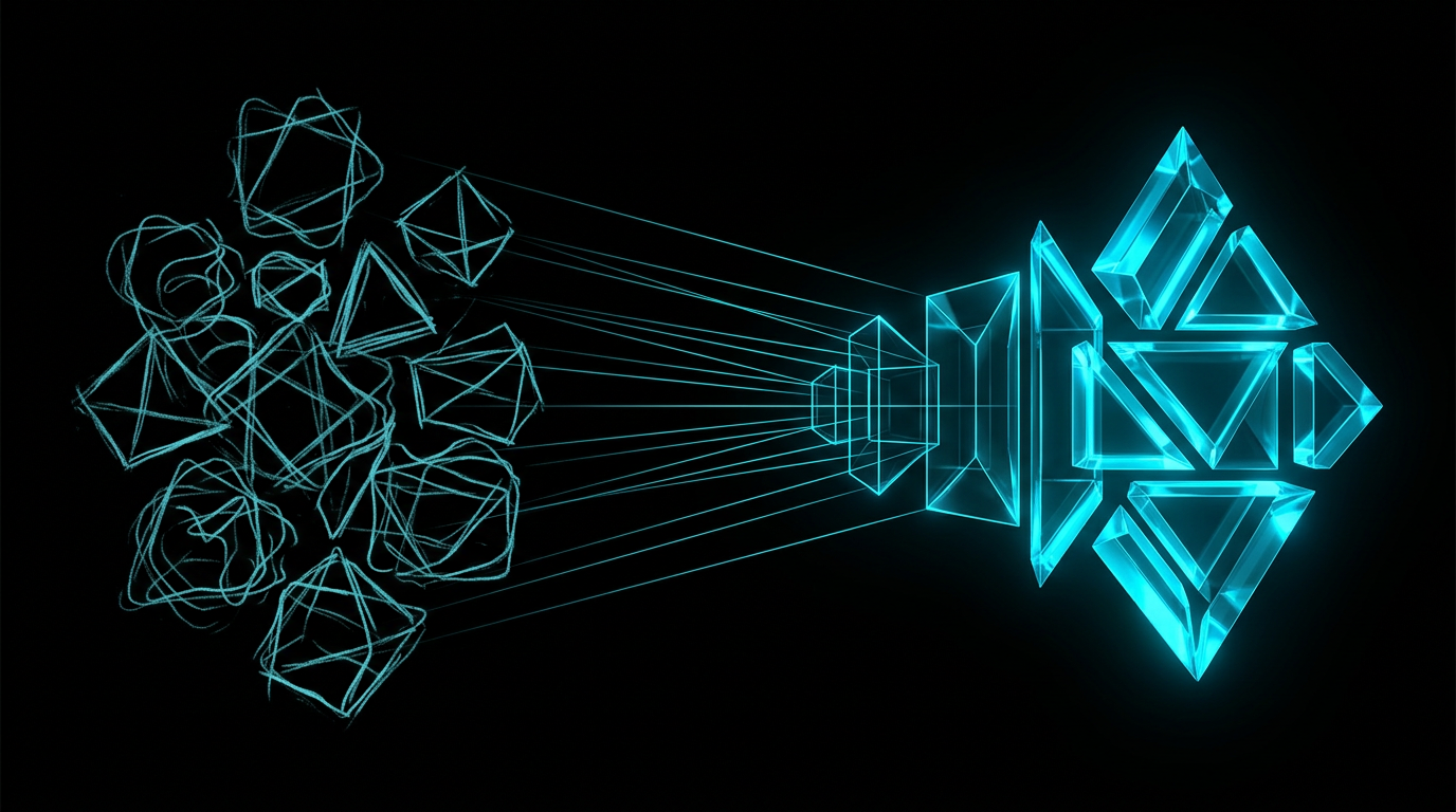 An abstract glowing cyan geometric illustration showing chaotic lines transforming into clear, structured shapes on a black background.
