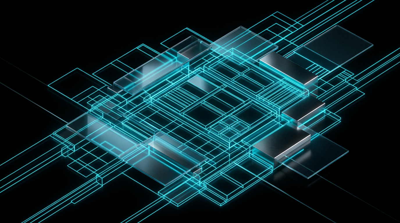 Abstract editorial illustration of a cyan geometric wireframe layout on a black background