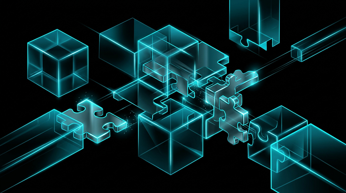 Abstract 3D geometric glass blocks and metallic shapes locking together in glowing electric cyan light on a black background, representing a structured business offer.