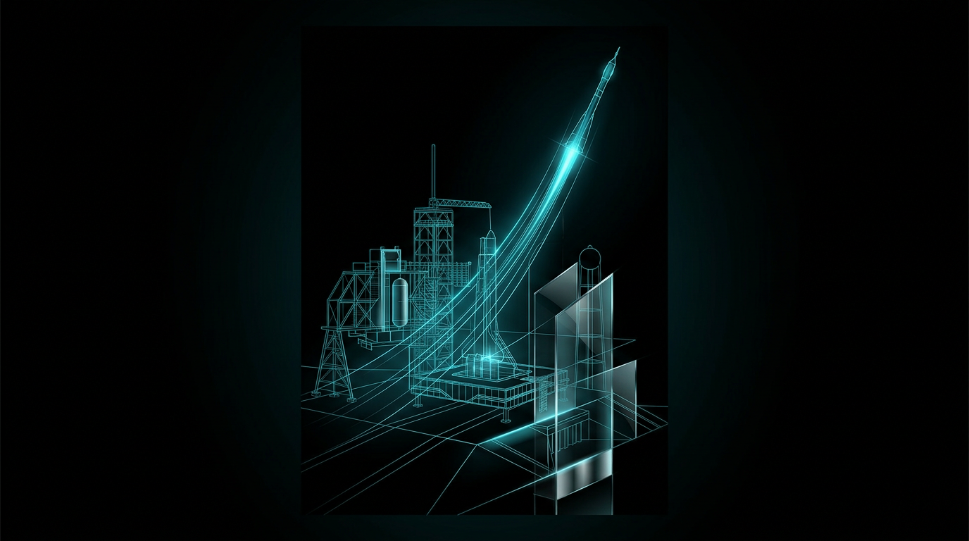 An abstract blueprint of a launch pad rendered in electric cyan lines on a black background.