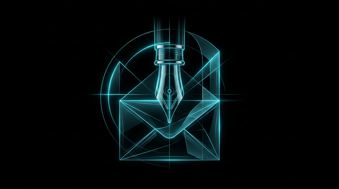 An abstract digital illustration of a glass and steel envelope and pen nib illuminated by glowing cyan lines on a black background.