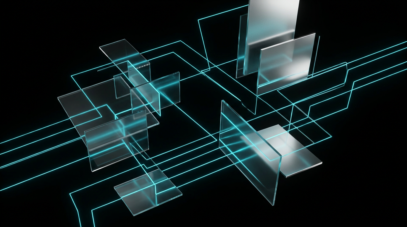 An abstract illustration of electric cyan geometric lines and floating glass structures on a black background, representing structured logic and communication.