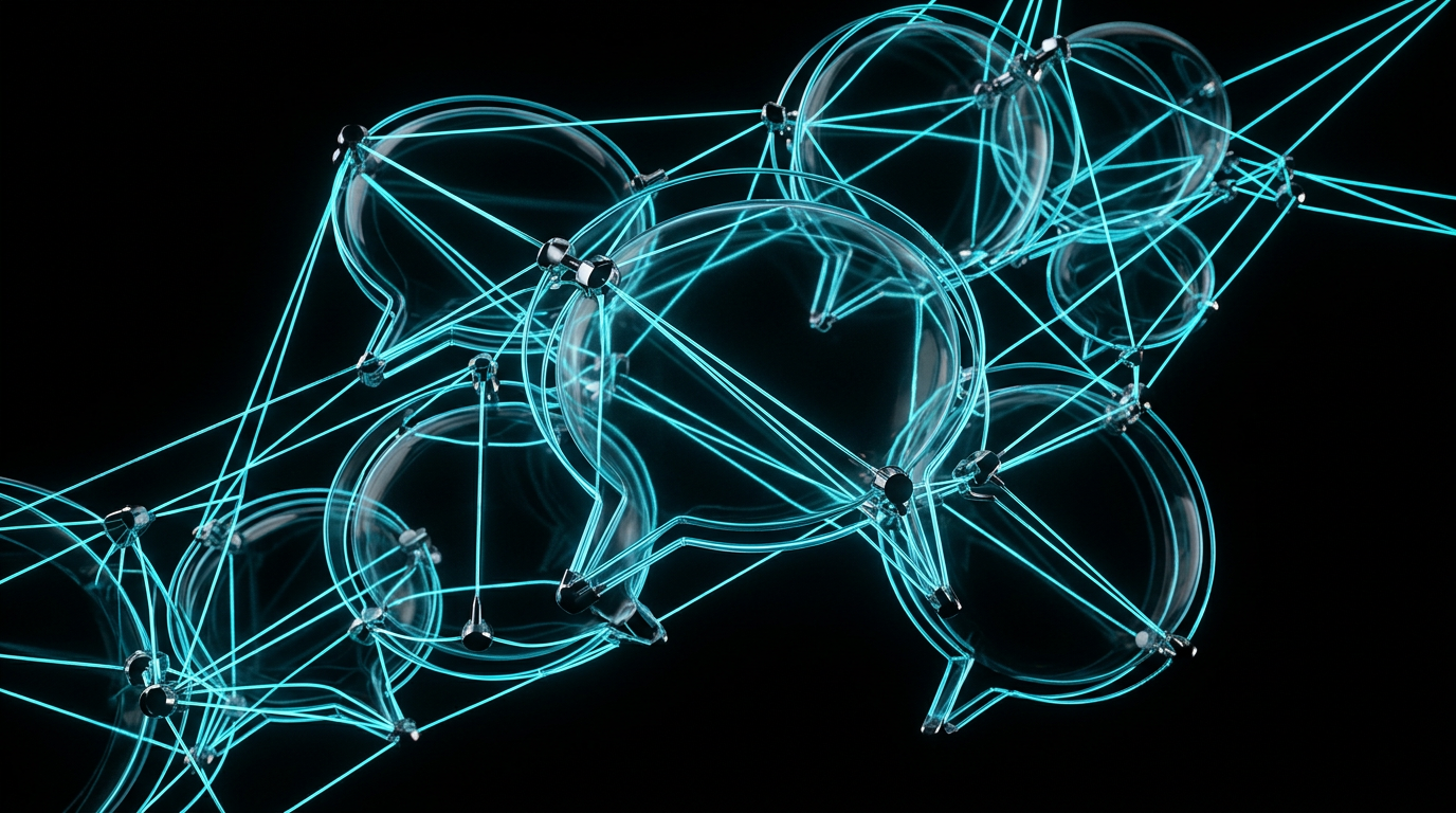 An abstract digital illustration of glowing cyan geometric speech bubbles made of glass and thin metal lines on a dark background.