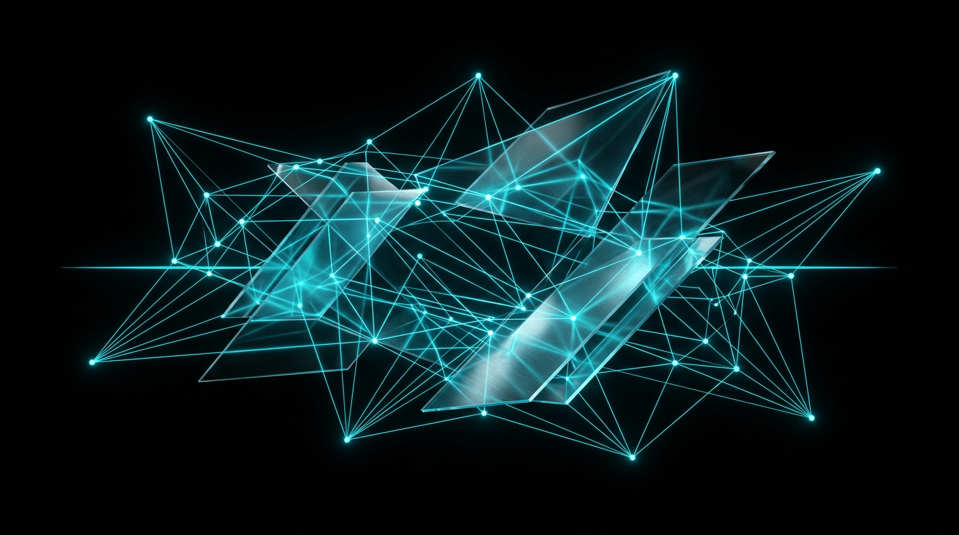 Abstract geometric line art and translucent glass forms illuminated with electric cyan light against a pure black background.