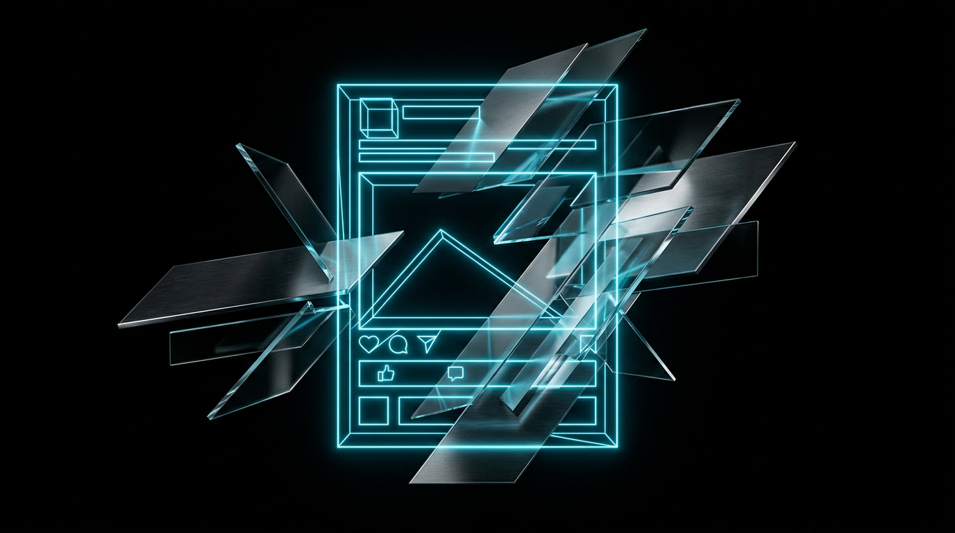 An abstract digital art composition featuring geometric lines of electric cyan light and floating glass panels on a dark background.