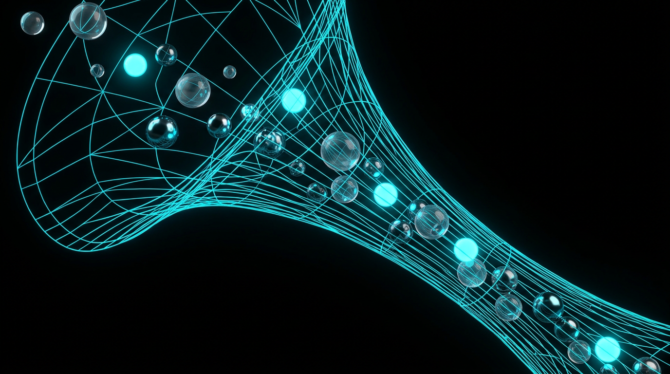 Abstract geometric funnel structure made of electric cyan lines and glass spheres on a black background