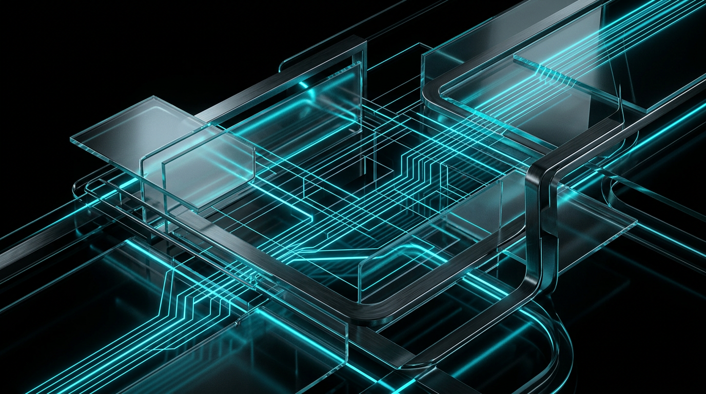 Abstract cyan geometric line work and glass structures on a black background representing organized business communication.