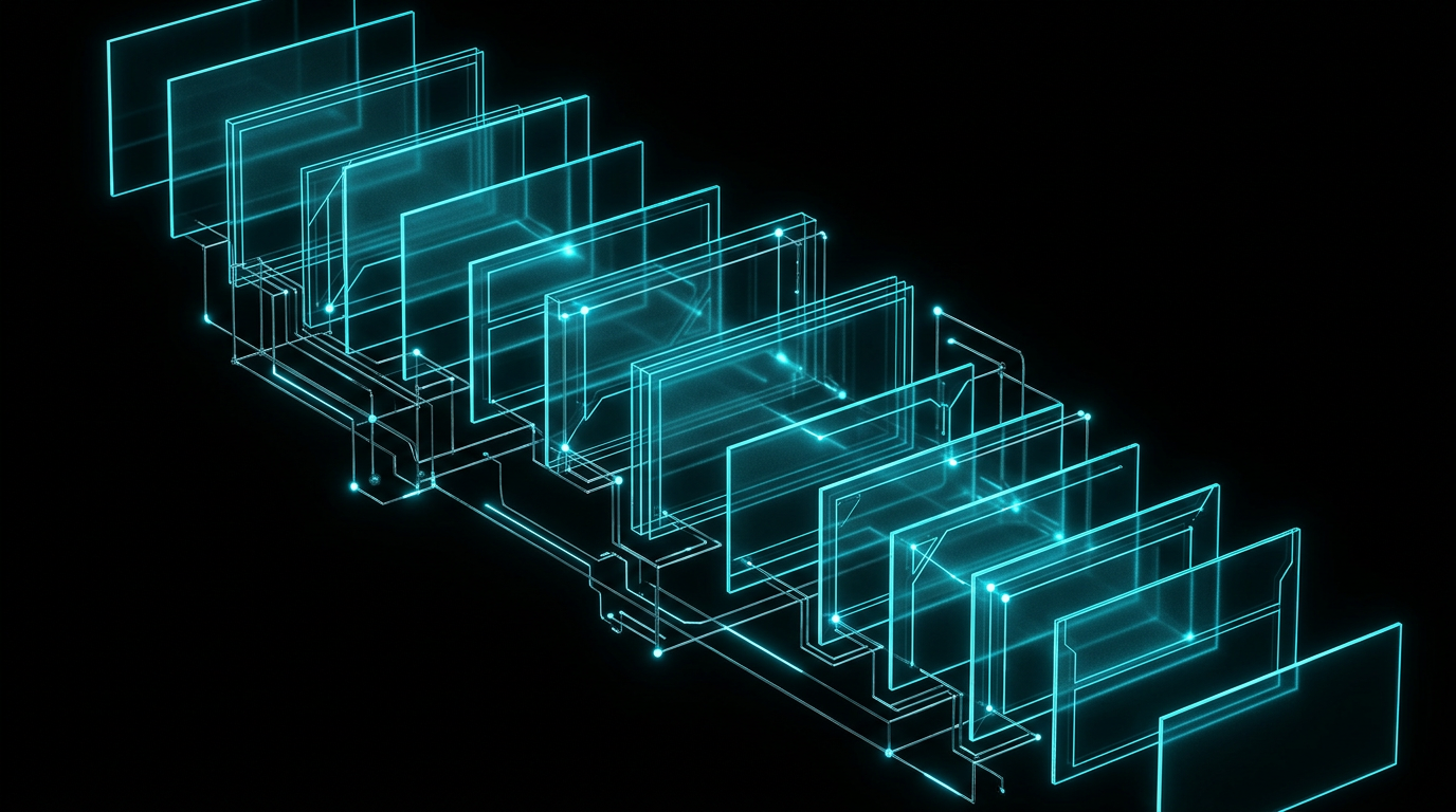 An abstract geometric illustration of glowing cyan panels representing structured presentation slides on a black background