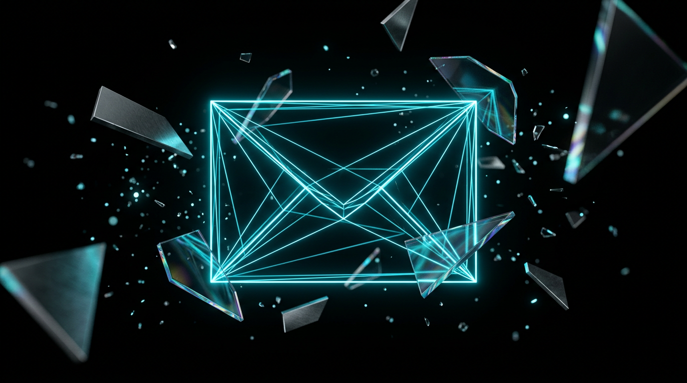 An abstract glowing cyan envelope shape made of geometric lines on a dark background.