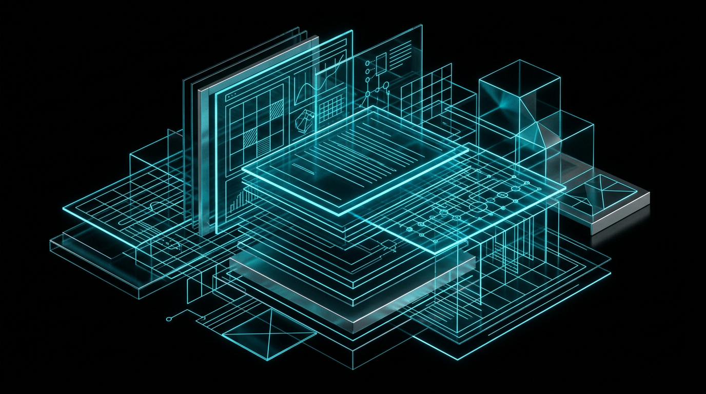 An abstract digital illustration of glowing cyan geometric documents stacked in a minimalist glass and metal structure against a pure black background.