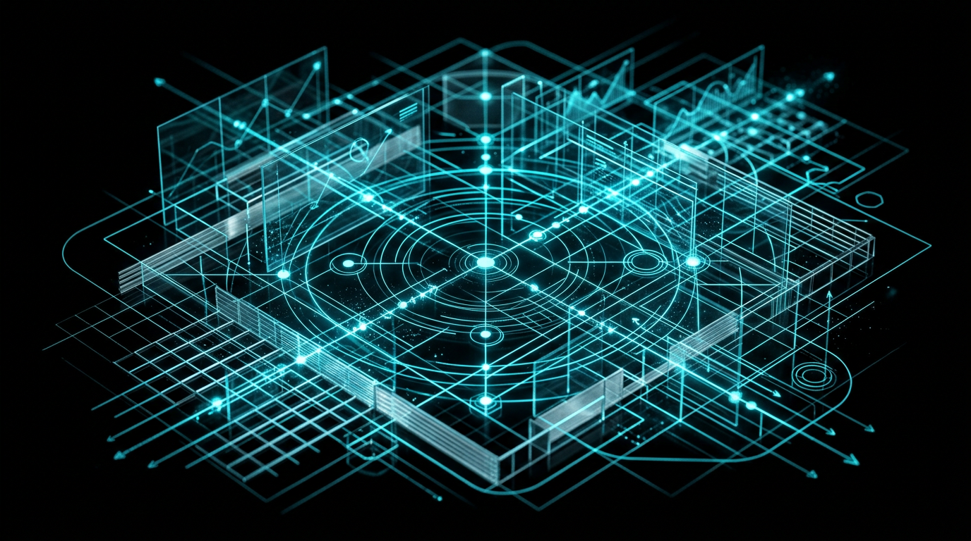 Abstract geometric line work of a business blueprint in glowing electric cyan light on a black background
