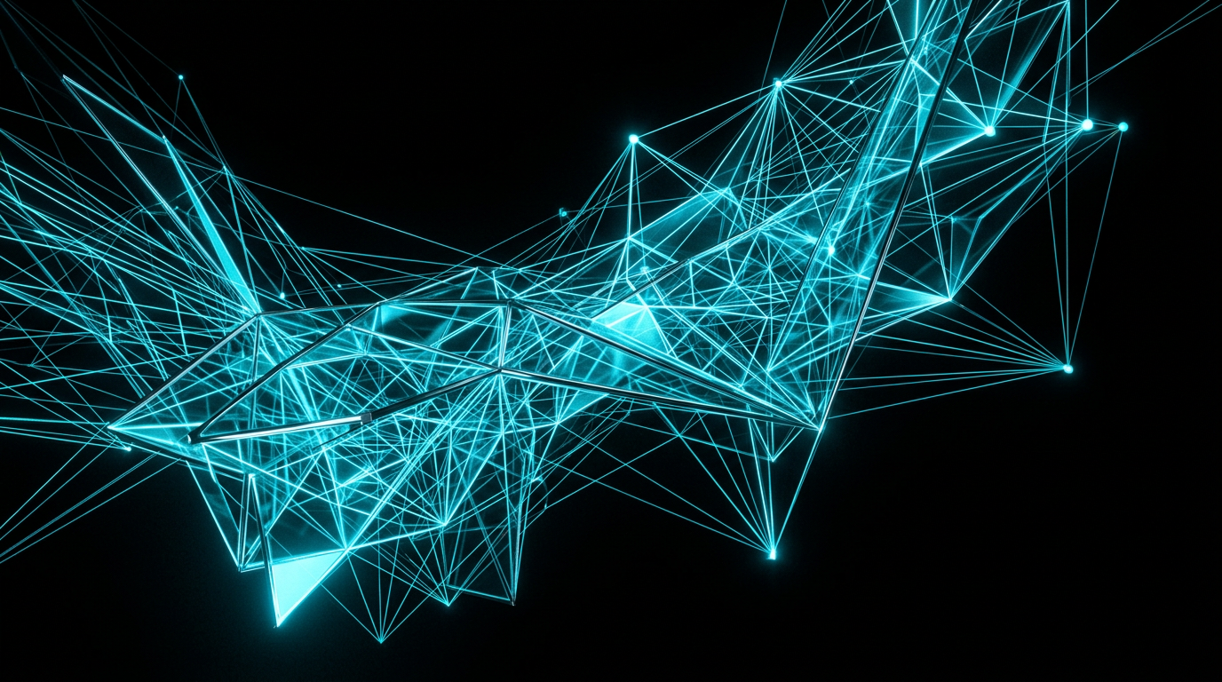 Minimalist geometric glass and metal forms illuminated by electric cyan light on a pure black background.