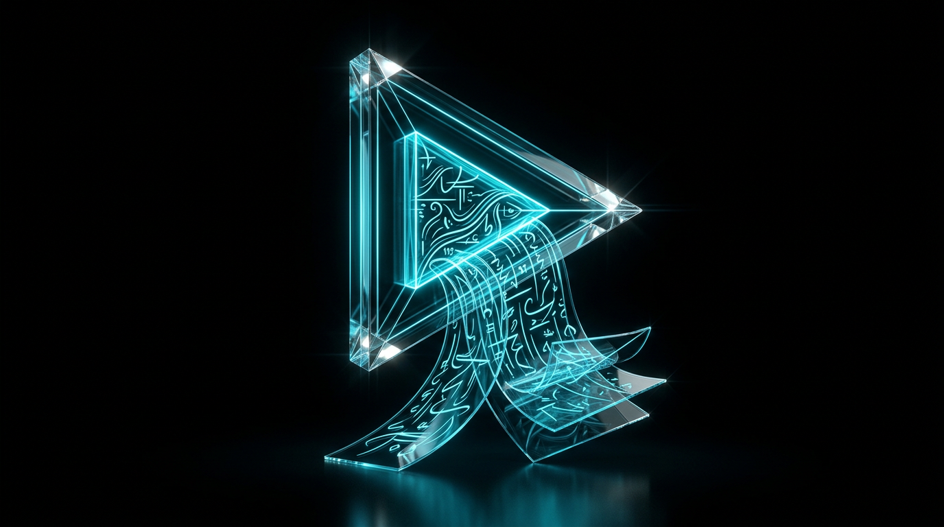 Abstract cyan neon outline of a video play icon overlaid with transparent glass script sheets on a black background.