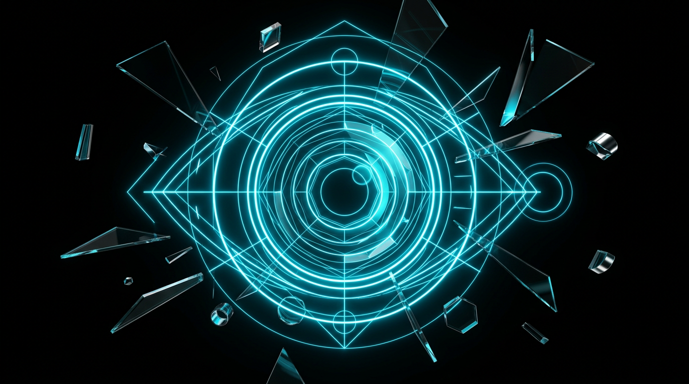An abstract illustration of electric cyan geometric lines and floating glass shapes on a black background.